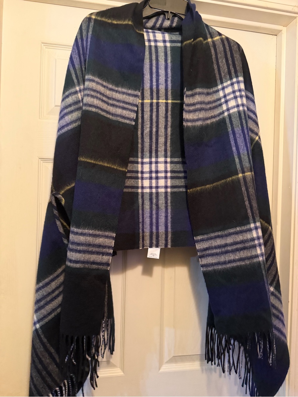 J. Crew Blue & Black Plaid  wool blend Fringe Cape